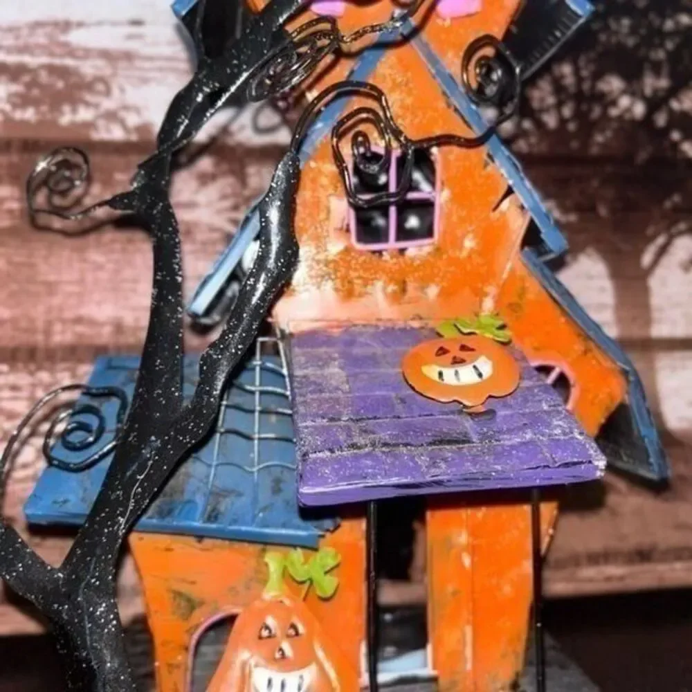 Halloween metal bright colors house with tea light house multi bright c